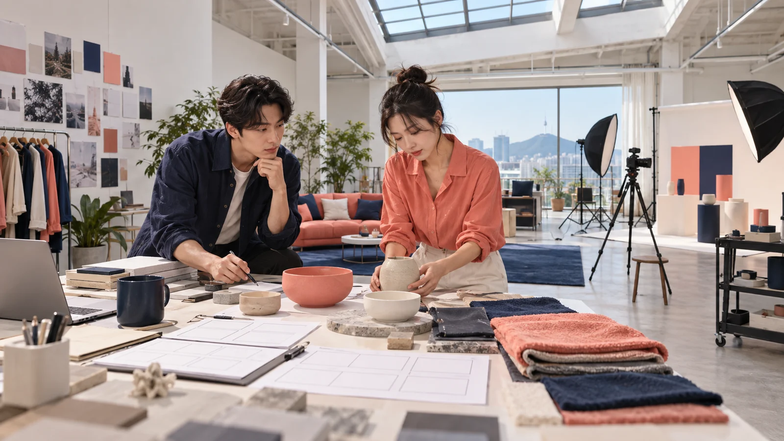 콘텐츠 담당자가 해외 홍보 콘텐츠 산출물을 검토하는 수출 마케팅 업무 현장