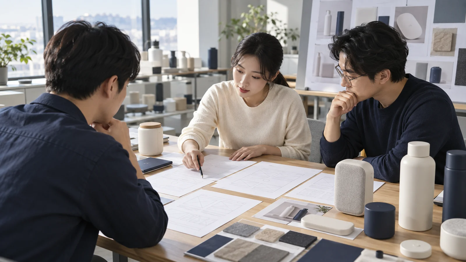 수출 담당자가 외국어 홈페이지 요구사항을 검토하는 수출 마케팅 업무 현장