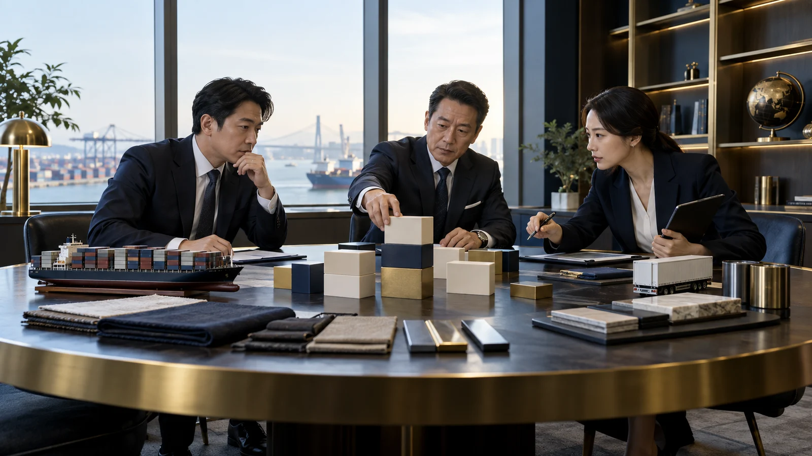 경영진가 자부담과 산출물 의사결정을 검토하는 수출 마케팅 업무 현장